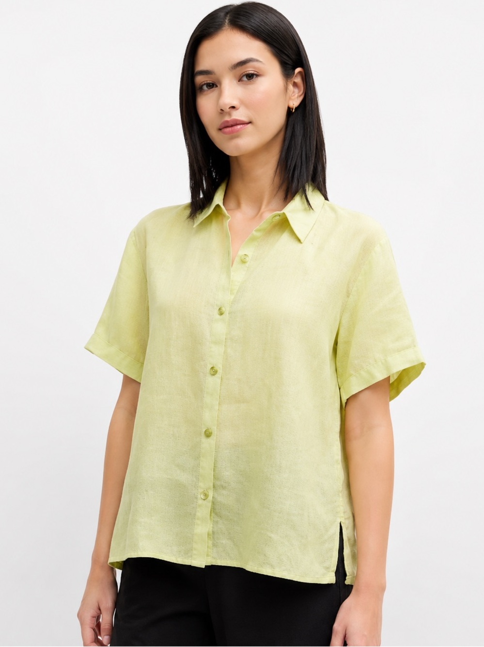 Eileen Fisher Organic Linen Handkerchief Honeydew Button Down Shirt Blouse LARGE